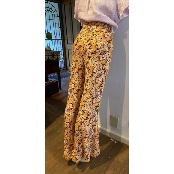 🌱 SPORTSGIRL floral retro 60's yellow flared pants hippy size XL stretch (14) - Picture 7 of 13